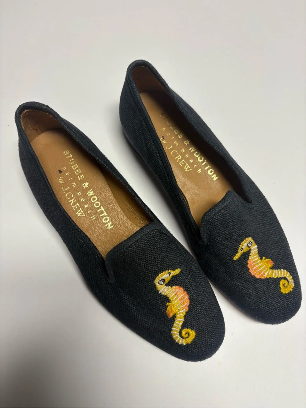 Stubbs & Wootton X J.Crew Black Canvas Seahorse Embroidered Loafers
